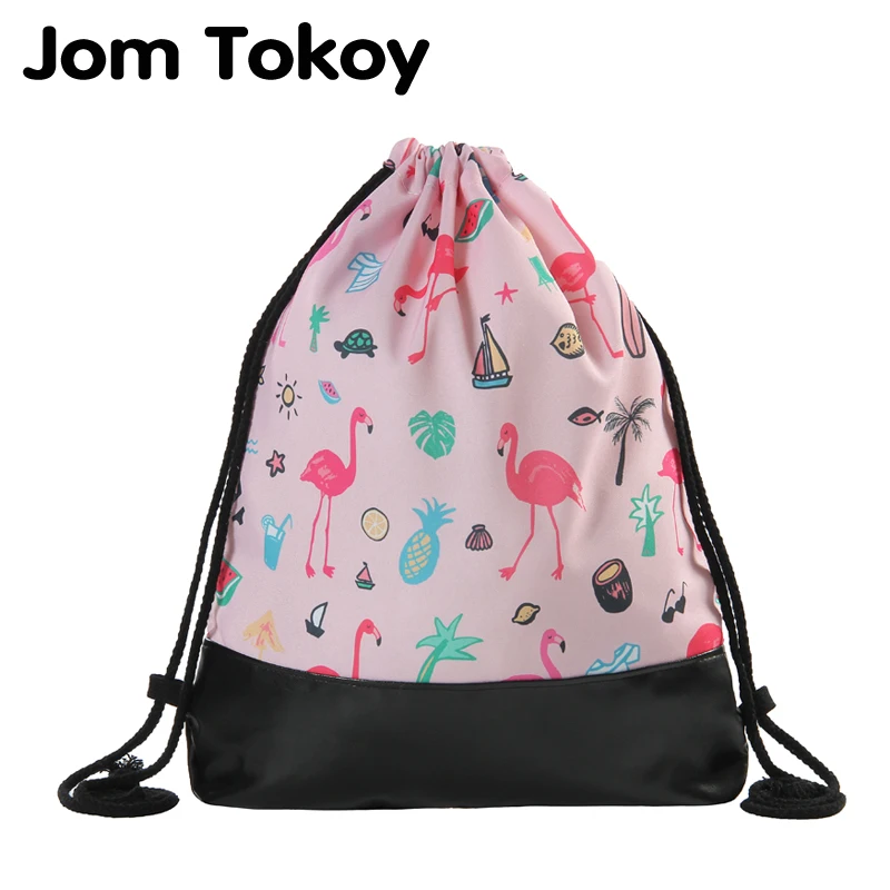 

Jom Tokoy 2019 New 3d Printing Cute cartoon Flamingos Drawstring Bags leather Bottom Women Drawstring Backpack Mochila Feminina