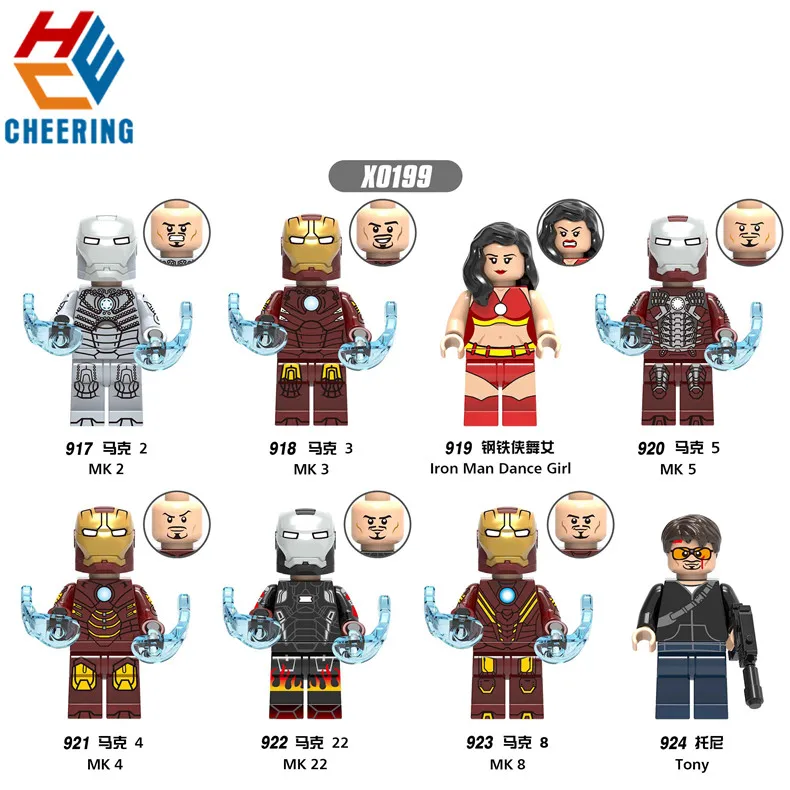 

20Pcs Wholesales Building Blocks Super Heroes Iron Man Mark Dance Girl mark Tony Learning Figures Bricks Toys for Children X0199