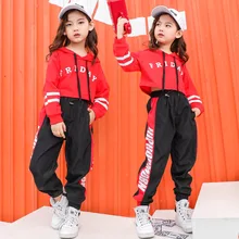 Детский спортивный костюм с длинными рукавами; одежда для уличных танцев для девочек; детская красная укороченная толстовка с капюшоном; топы; брюки; комплект одежды из 2 предметов для подростков; комплект одежды для девочек