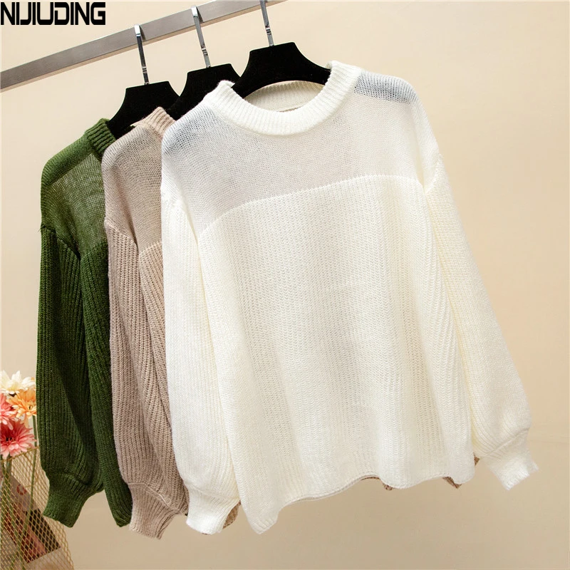 2018 Autumn Winter Sweater Women Pullover Jumper Long Sleeve O-Neck Knitted Tops Outwear Femme Patchwork Lantern Sleeve Sweater