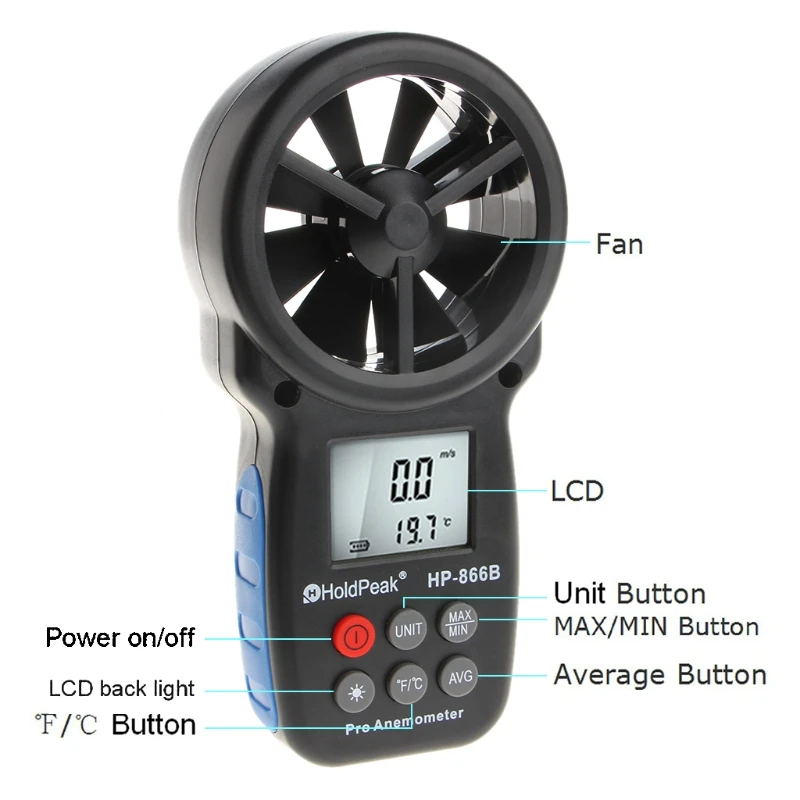 Digital Anemometer Handheld Wind Speed Meter with LCD Backlight and Max/Min