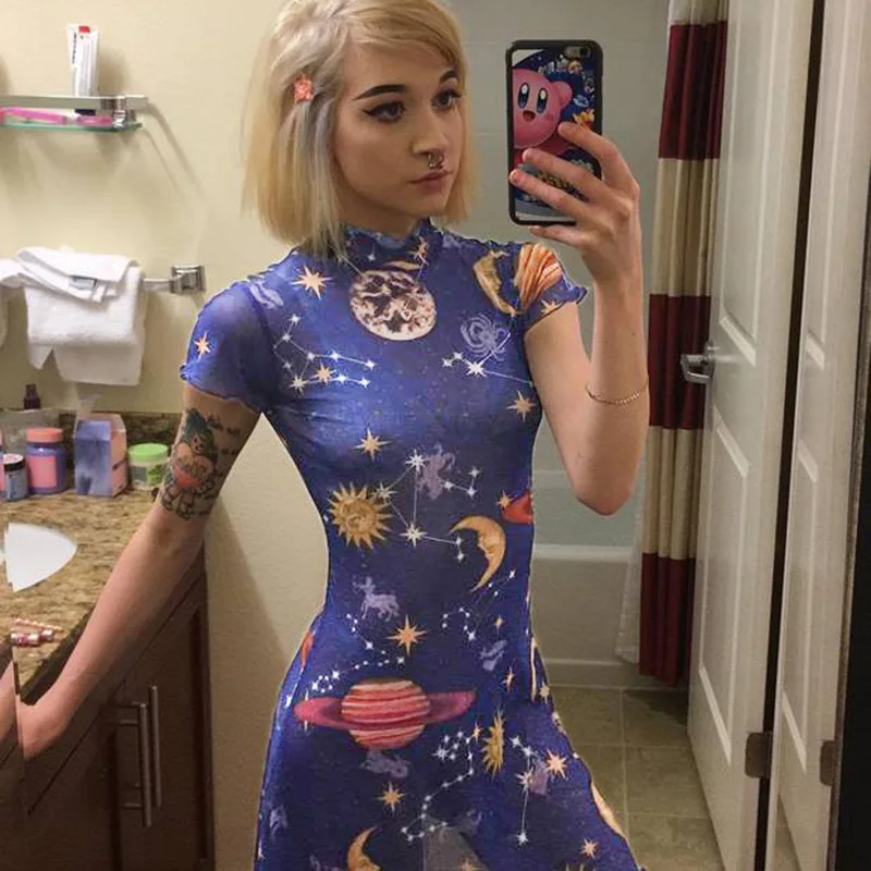 

Hot style women's spring galaxy sexy mesh T-shirt dress