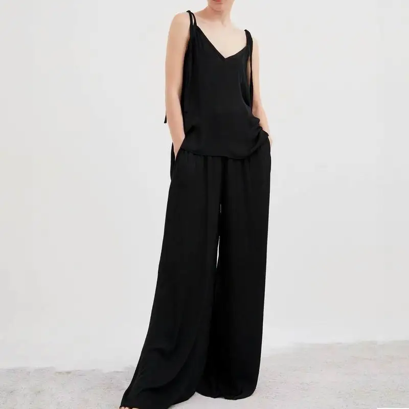 

Normcore Minimalist Women Sets Summer 2019 New Fashion Spaghetti Strap Camis and Wide Leg Long Pants 2 Pieces Set