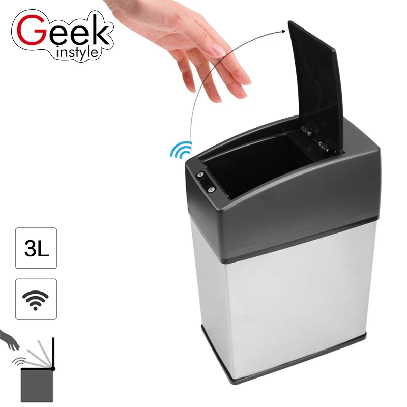 Geekinstyle 3L мини-мусорная корзина из нержавеющей стали, Бесконтактный автоматический автомобильный мусорный ящик, небольшой кухонный датчик, мусорный бак, настольный мусорный бак