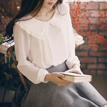 Весенняя женская белая шифоновая блузка с длинным рукавом и воротником Питер Пэн, повседневная Милая Весенняя блузка, топы