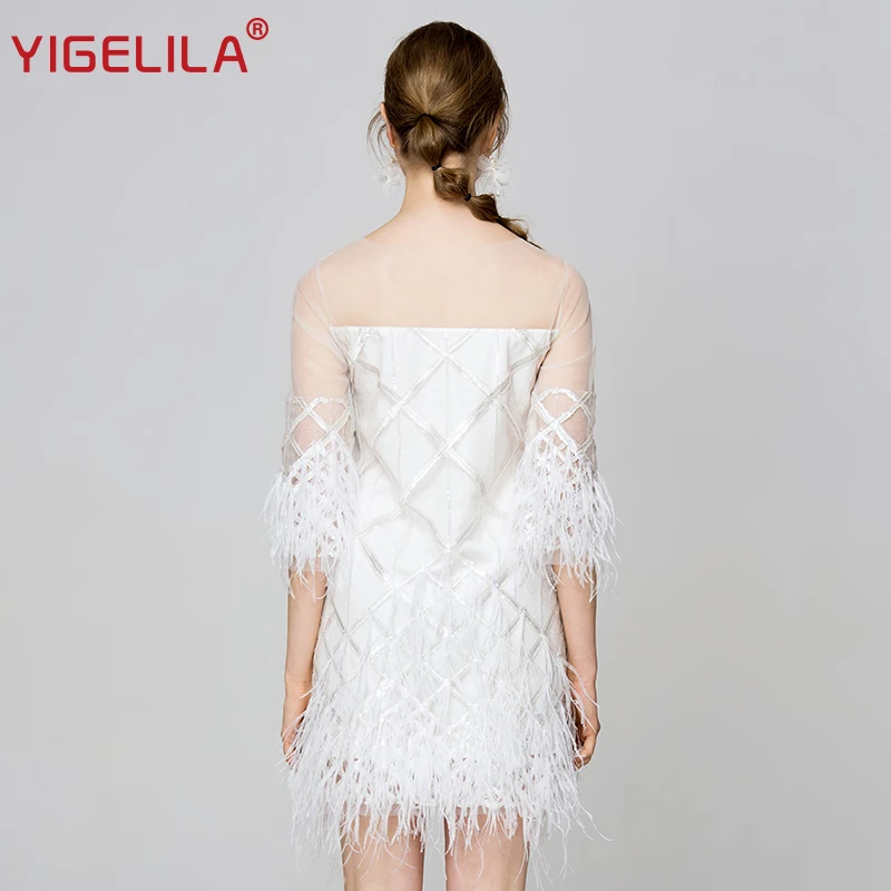 YIGELILA Весна Для женщин Белое платье украшенное перьями! Модное с О образным