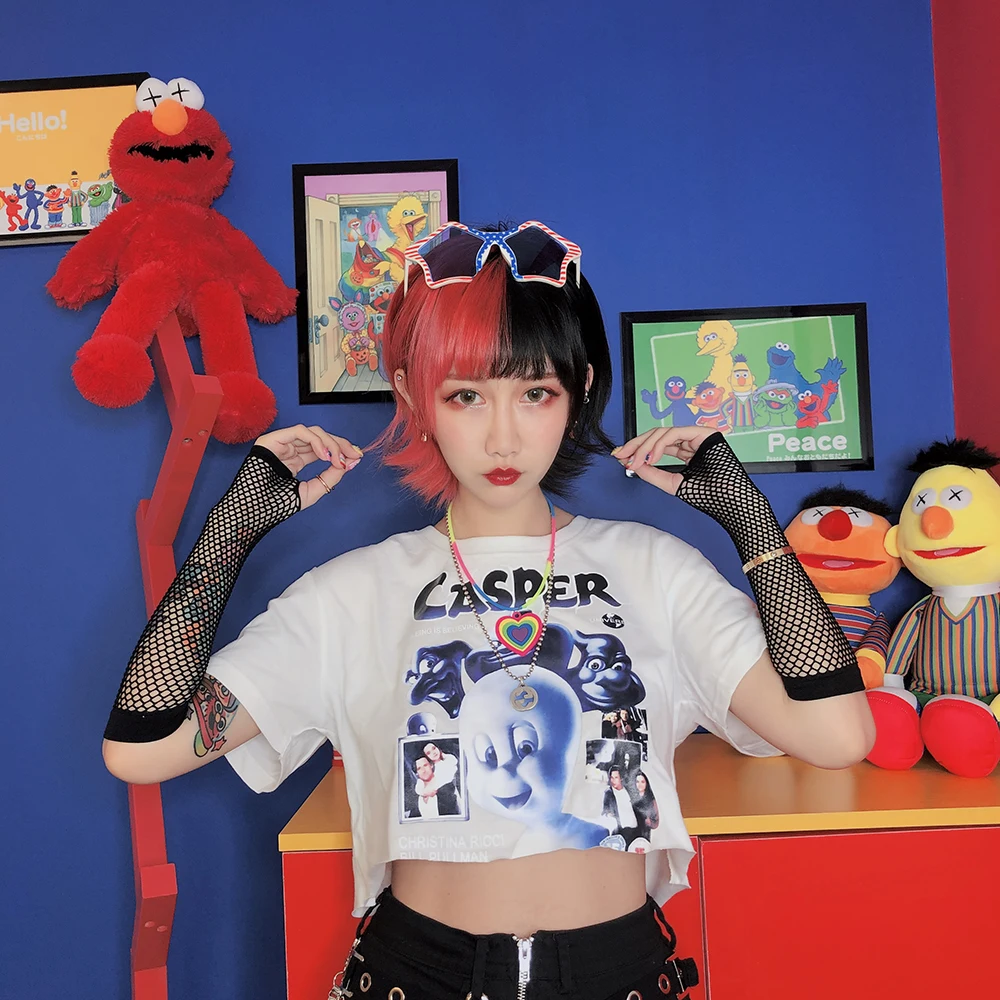 Харадзюку, Евро-американский Банди, хип-хоп, свободная короткая футболка для девочек с героями мультфильмов