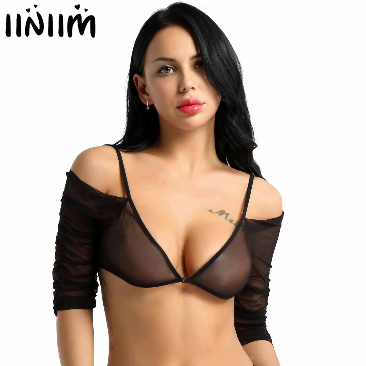 

Womens Lingerie Sheer Mesh See-through Sexy Tops Cold Shoulder Half Sleeve Deep V Slip-on T-Shirts Tops for Ladies Party Costume