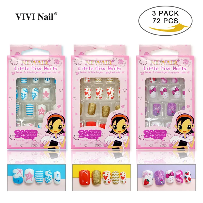 

3 Set Kids False Nails with Designs in Box 72PCS Press on Sweet Full Cover Short Fake Nail Tips Artificial ABS Nail Art