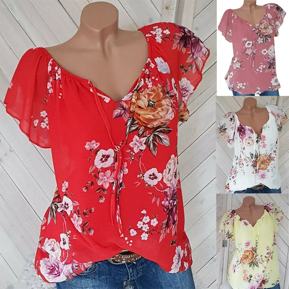 

2019 The Newest Fashion Clothing Suit Many Occasion Summer Women Floral Tops Ladies Short Sleeve T-Shirt Plus Size 8-16
