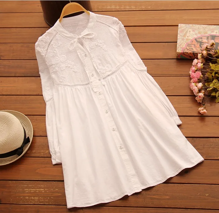 

White bow stand collar cotton long sleeve shirt loose casual women