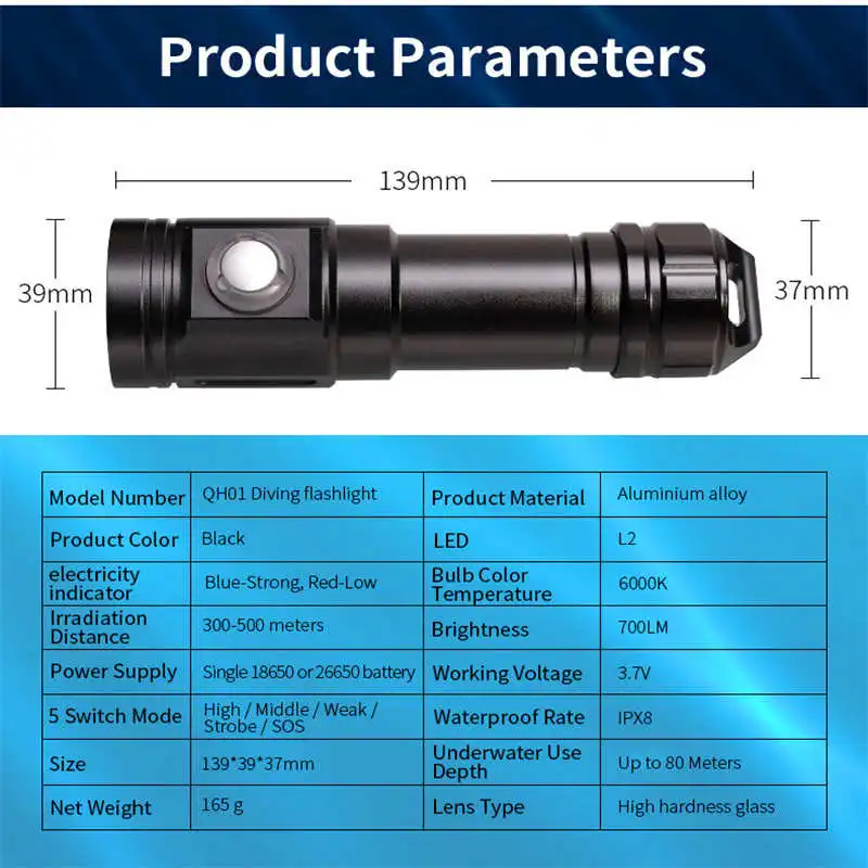 XM-L2 T6 LED Diving Scuba Flashlight Underwater powerful led flashlight waterproof torch flashlight t6 laser pointer #4S18 (5)