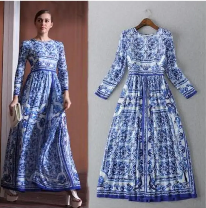 

New Women's European style boho Long Sleeve Vintage Blue And White Print Dress Brand Maxi Dress party dresses