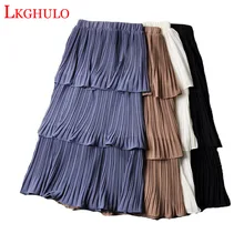 Женская обувь на низком каблуке; однотонная плиссированная шифоновые юбки с оборками Высокая талия юбка Для женщин моды с буквенным принтом, длинная линия рюшами Шифоновая юбка летняя юбка A616