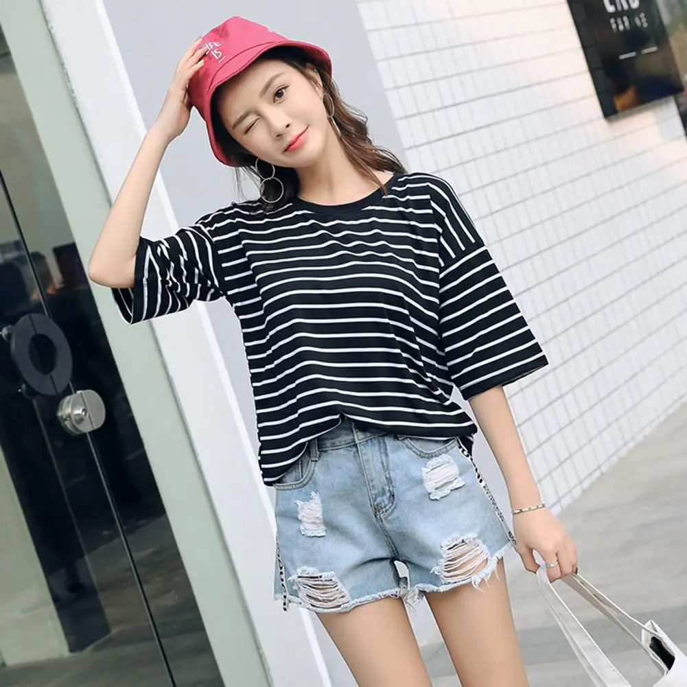 Black And White Striped T Shirt Half Sleeves Korean Style Loose Students Classic Bottom T Shirts Colorful Top Tee For Women Girl T Shirts Aliexpress