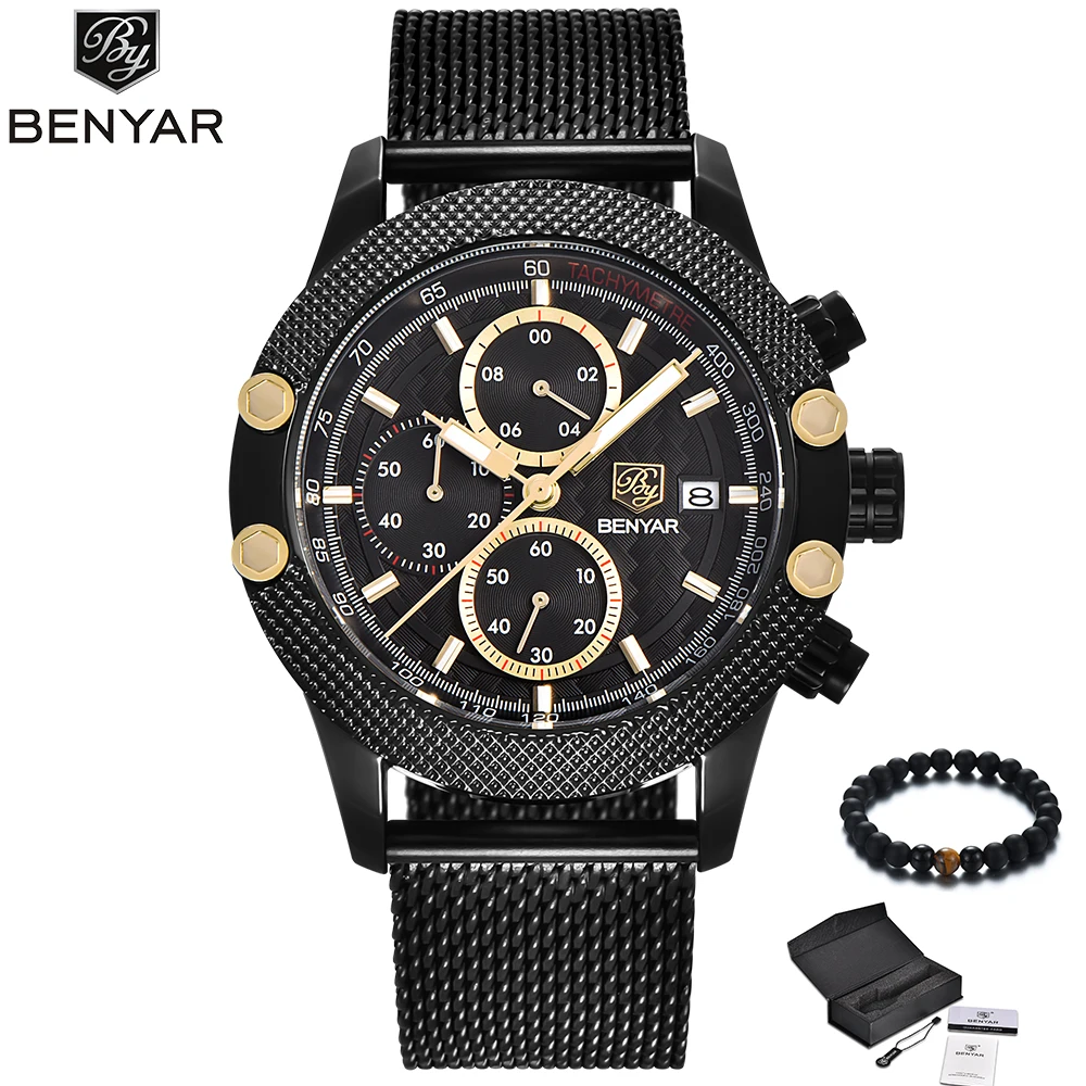 

BENYAR Men Watches 2018 Luxury Brand Black Gold Watch Men Quartz Steel Mesh Band Military Sport Wrist Watch Waterproof Clock Hot