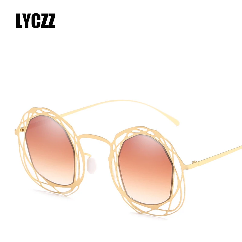 LYCZZ 2018 Новая Мода Стандартные солнцезащитные очки Для женщин личности металла выдалбливают Круглые Солнцезащитные очки женские Ретро
