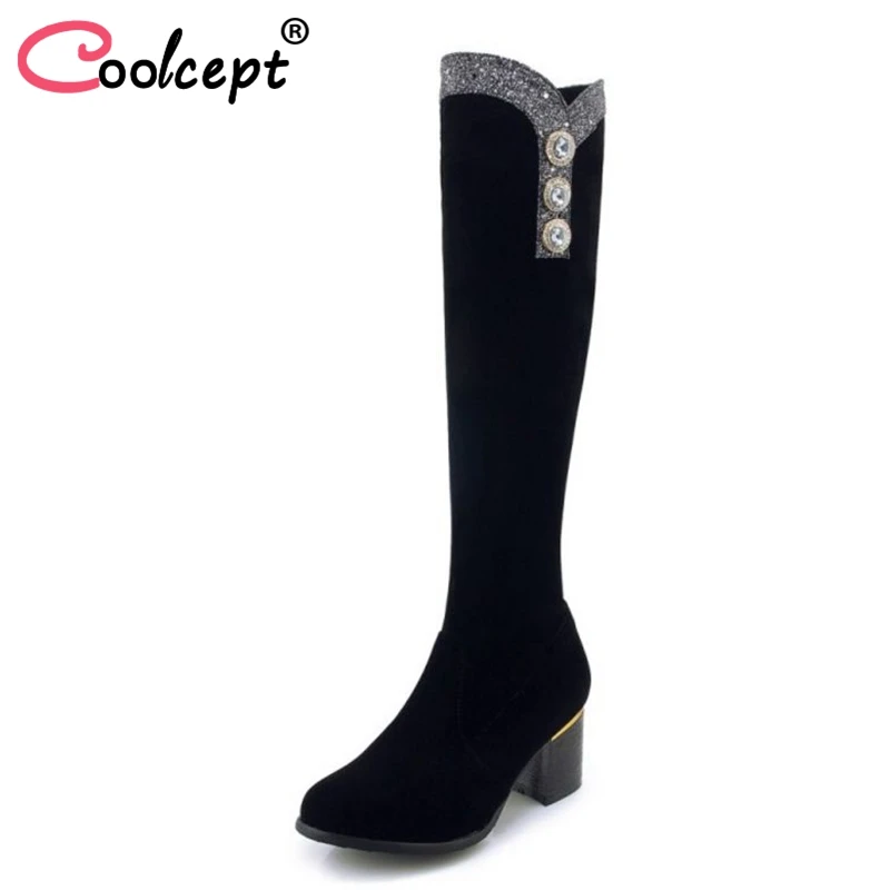 

Coolcept Size 33-43 Women High Heel Boots Fur Zipper Bling Beads Knee Boots Woman Winter Shoes Long Boots Woman Footwear