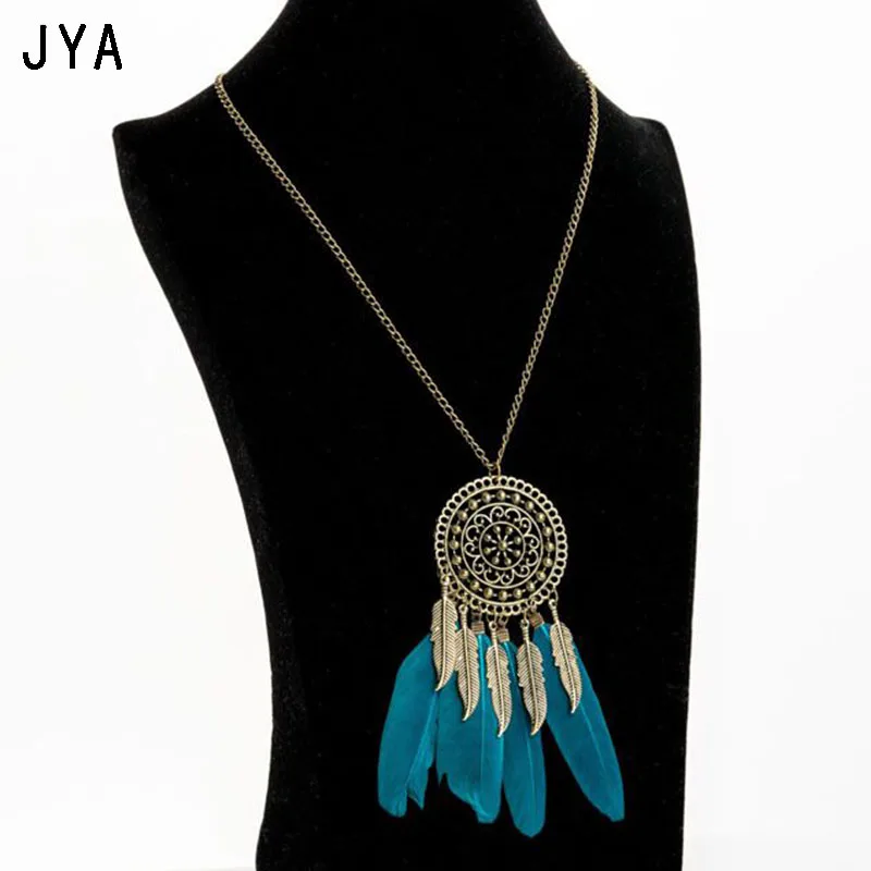 

JYA Fashion Nature Feather Pendant Necklace Women Round Shape Long Vintage Bohemian Necklace Jewelry New Sweater Chain Wholesale