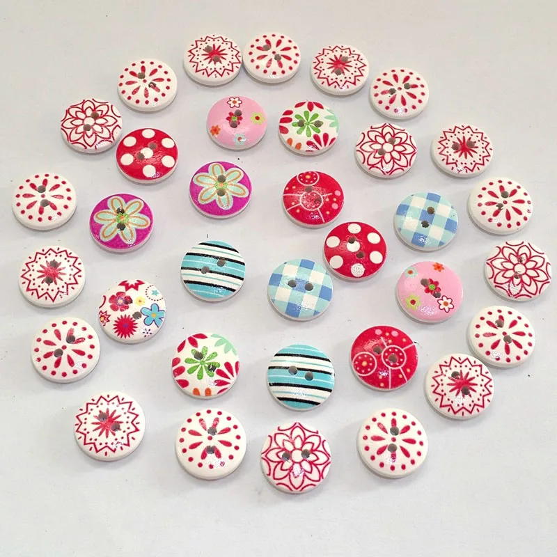

100pcs Wooden Buttons Mixed Color Pattern Sewing Scrapbooking Cute Dots Stripe LBShipping