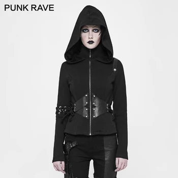 

PUNK RAVE Punk Short Hat Cardigan Women Jacket PU Elastic Sweater Rib Fabric Zipper Rope Slim Fit Coats Gothic Hooded Outwear