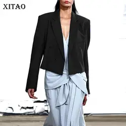 XITAO Высокая талия неправильный блейзер для женщин Корея Мода карман двубортный зазубренный воротник карман элегантный офис леди ZLL4178