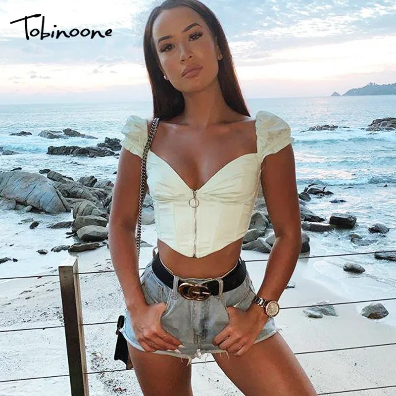 Tobinoone women fashion solid zipper top slim crop tops v-neck short sleeve femme tank top summer streetwear lady office elegant