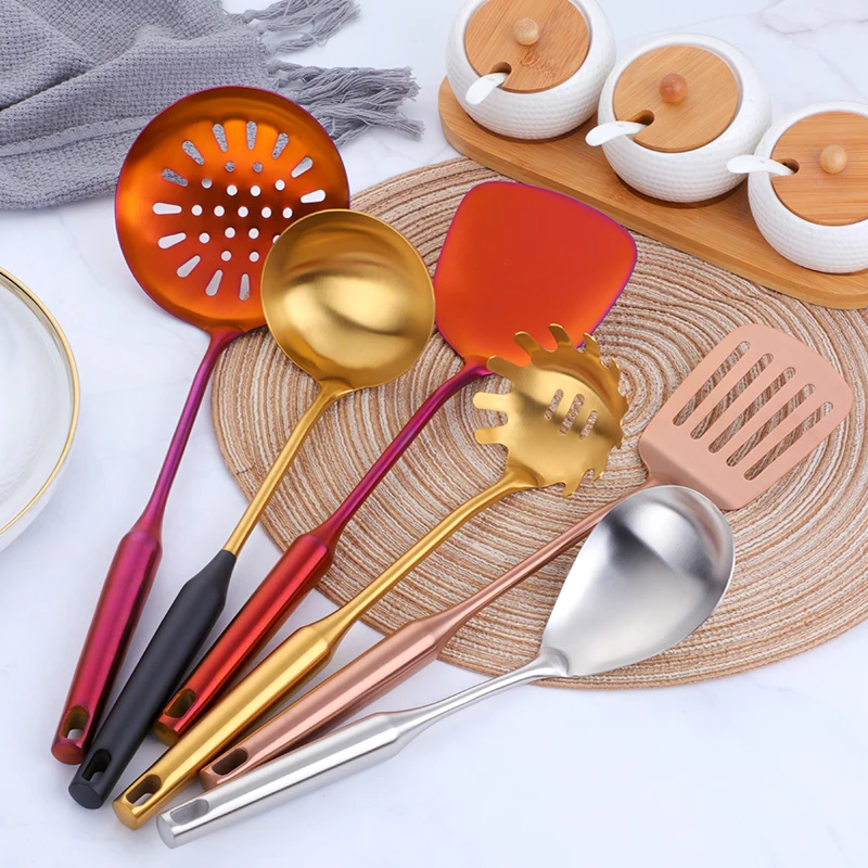 7PCS/Set Stainless Steel Rainbow Kitchen Utensils With Holder Cooking Tools Set Turner Ladle Spoon  - 32963673698
