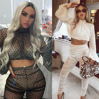 

Women 2PCS Clothes Set Sexy Clubwear Women Sheer Long Sleeves Bodycon Club Mesh Casual Set Lace See Through Tops Long Pant Suits