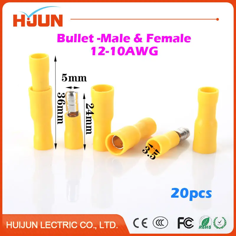 

20pcs/lot Bullet-Male & Bullet-Female Quick Disconnect Cable Wire Splice Insulation Terminal Connector 4-6mm2 12-10AWG 24A