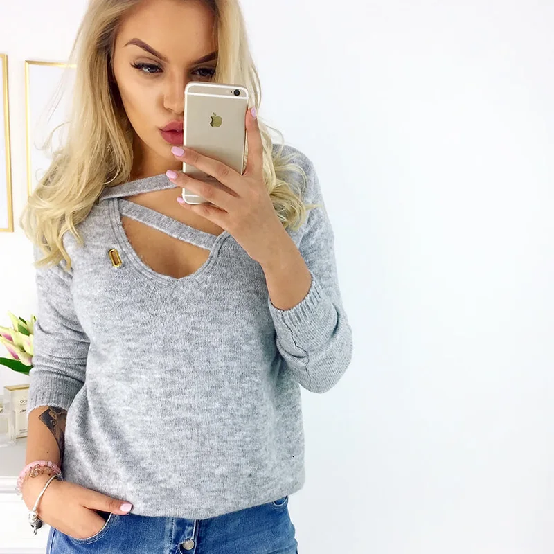 

Autumn Winter Knitted Sweaters Women 2018 Loose Sweater Women Pullovers Jumper V-neck Long Sleeves Female Sweaters Femme Tops