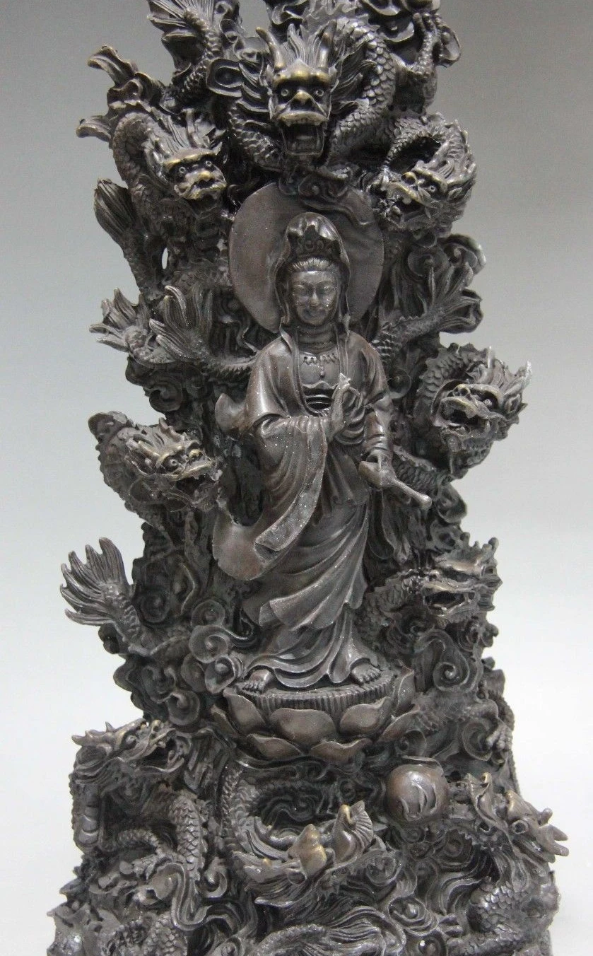 

Tibet Buddhism Copper Bronze Nine Dragon Guan Yin Kwan-yin Boddhisattva Statue