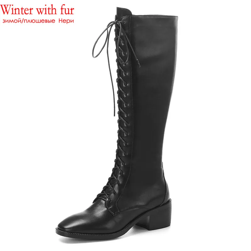 Masgulahe new arrival women knee high boots genuine leather+pu autumn winter boots lace up zip fashion punk shoes woman - Цвет: black with fur