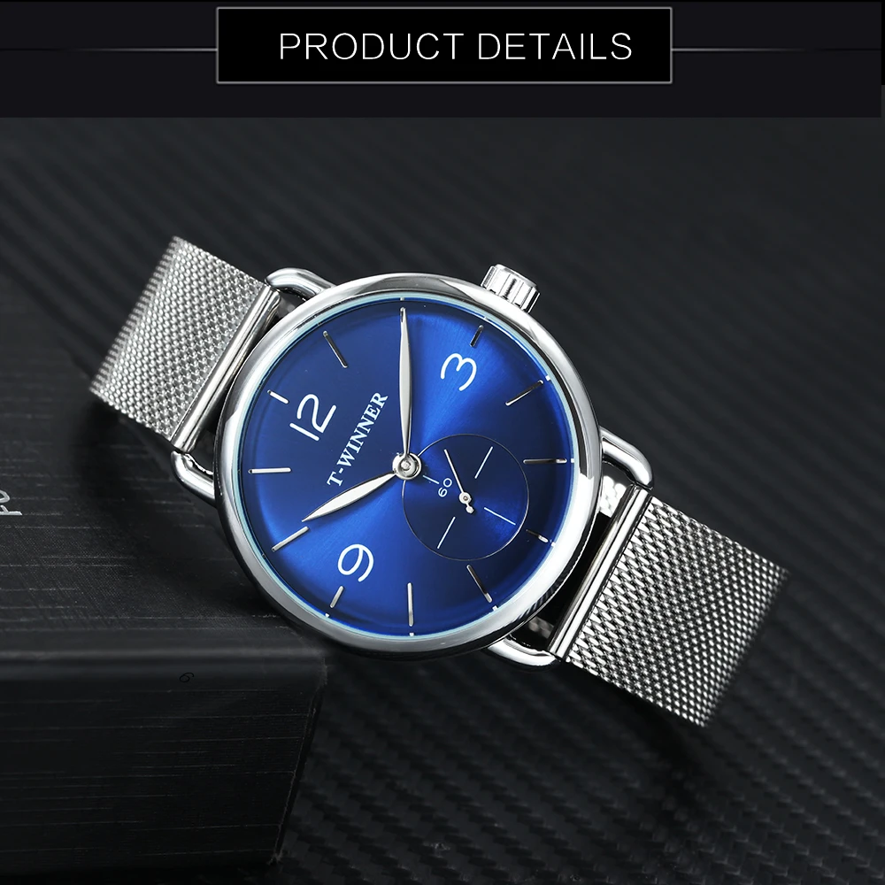 Goedkoop WINNAAR Officiële Luxe Merk Horloge Mannen Mode Mechanische Mesh Band Blue Marine Dial Casual Eenvoudige Ultra Dunne Heren Horloges