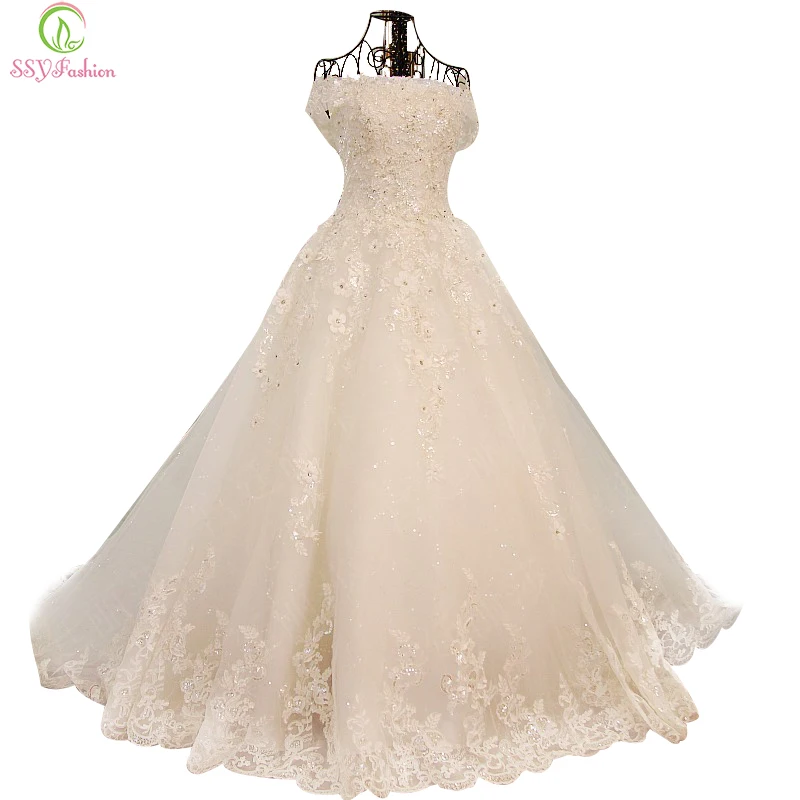 

SSYFashion Vestidos Lace Flower Crystal Beading A-line Wedding Dress The Bride Princess Romantic Banquet Long Formal Dress