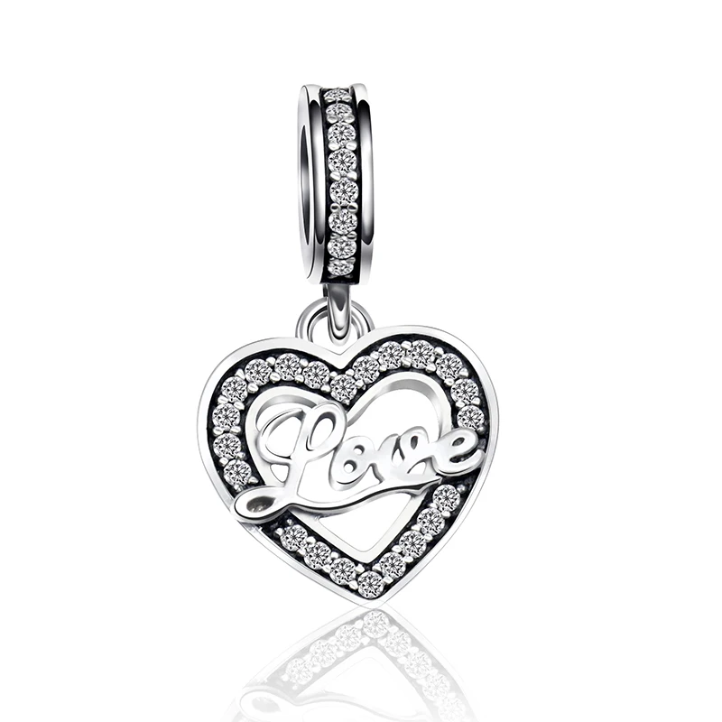 

925 Sterling Silver Love in Heart Pendant Charm with Clear CZ Fit Original Pandora Charms Bracelet Bangle Jewelry Making