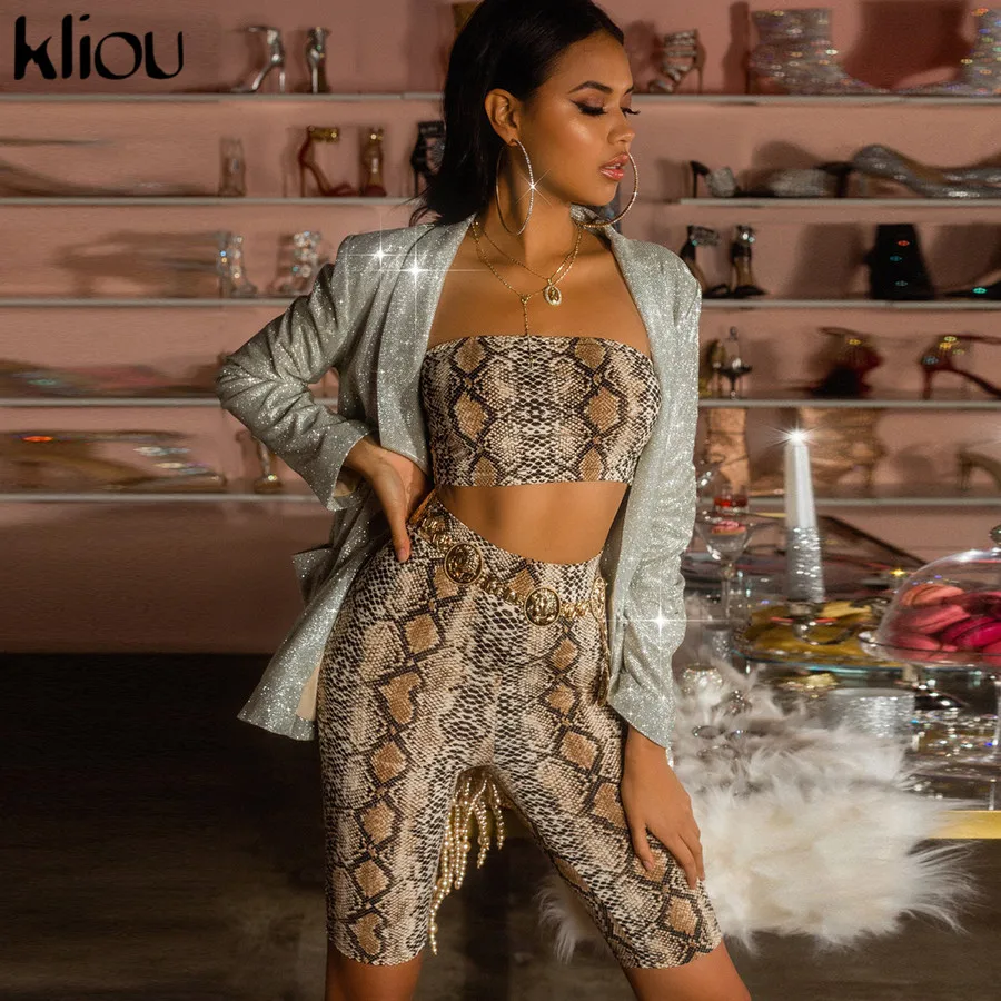 Kliou 2018 جديد وصول النساء جلد الثعبان طباعة 2 قطعة مجموعات أكمام مثير خزان أعلى مرونة الخصر السراويل الإناث اثنين pcs الزي