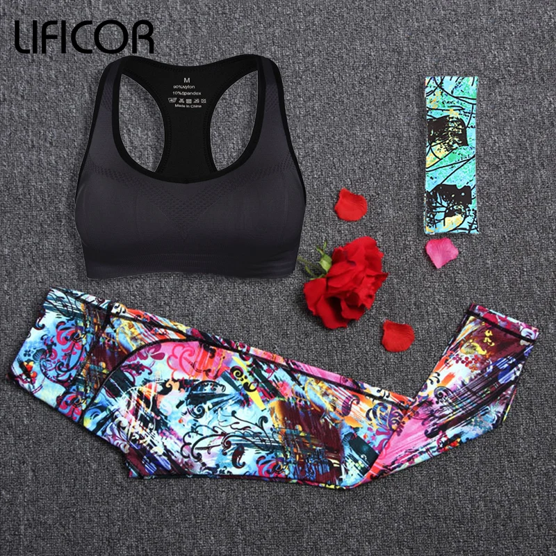 

Women Yoga Sets Gym Workout Sportswear Suit Elastic Running Workout Headband+Bra+Printed Leggings Suits Sports Clothing Sets
