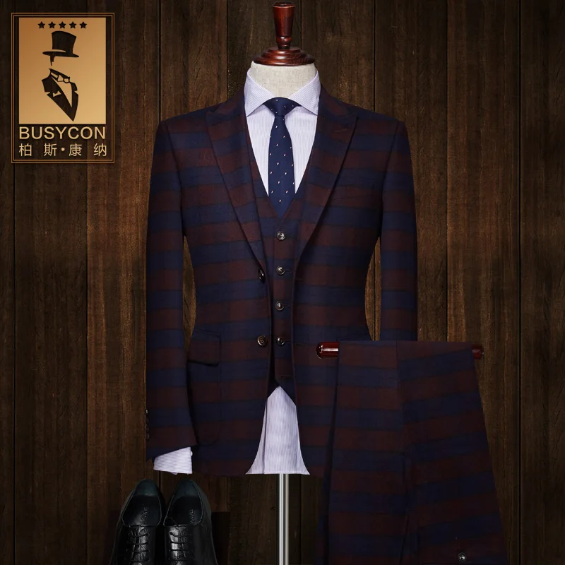 brown blue plaid wedding suits for men costume homme mariage( Jacket+Pants