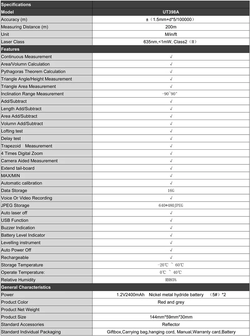 UNI-T UT398A 200 м лазерный дальномер; цветной экран камеры Инфракрасный измерительный прибор/электронная линейка, USB подключение