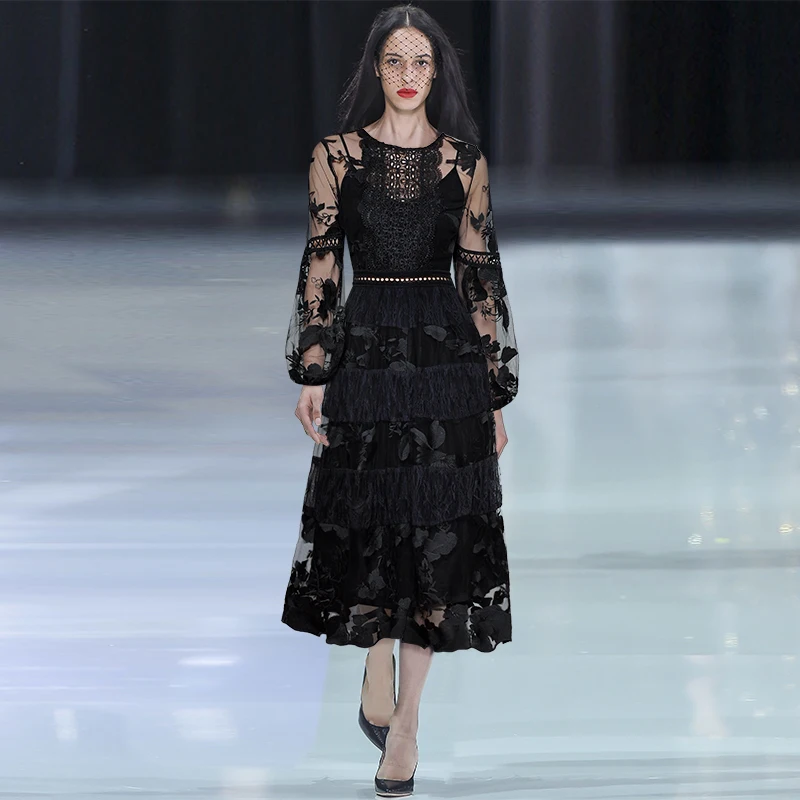 

Runway Dress Designer 2019 Spring Summer High Quality Luxury Elegant Lady Lace Floral Embroidery Mesh Formal Party Dress Vestido