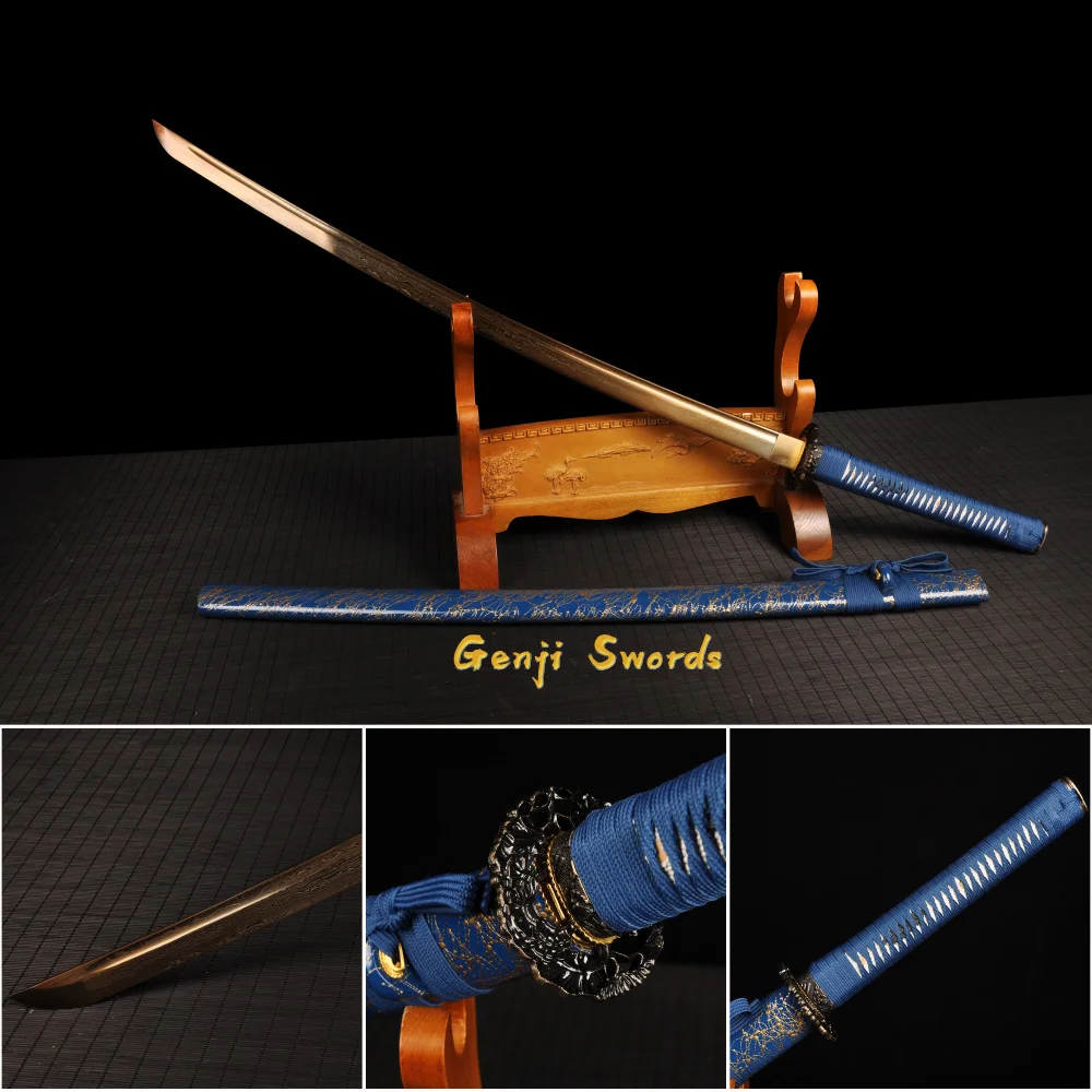 Handmade Full Tang Japanese Katana Gold Damascus Folded Steel Real Samurai Sword Sharp Edge Blue