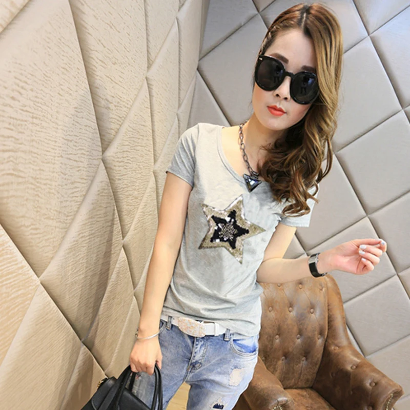 Women summer short sleeve slim cotton Five-pointed star Embroidery sequins tee t-shirts t-shirt t shirt for women shirt femme