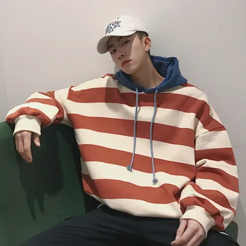 

2018 Autumn Men's New Fashion Young Students Casual Temperament Personality Loose Wild Striped Cotton Hooded Pullover
