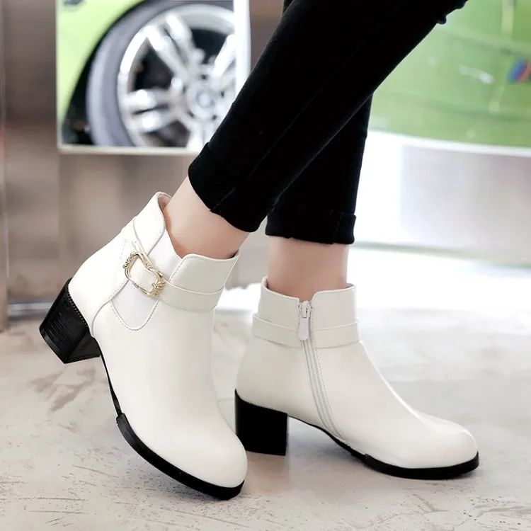 

Big Size 11 12 13 Round-headed middle heel, thick heel, side zipper, belt buckle, metal decorative short-barrel fashion boots