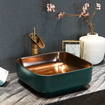 

Europe Vintage Style Hand Painting Art Countertop ceramic wash basin bowl bathroom hand painted sinks gold with blue