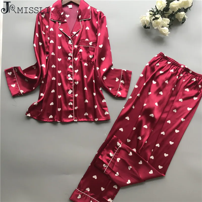 JRMISSLI Silk Pajamas Female High Quality Sleepwear Women Pure SILK Love Heart Print Long-Sleeved Pyjama Pants Two-Piece Sets