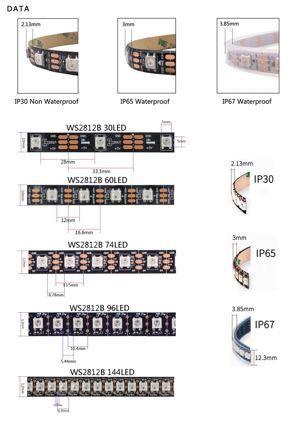 Регулируемая длина индивидуально Адресуемая ws2812b ws2812 5050smd Светодиодная лента, 60led/m черный/белый pcb, водонепроницаемый ip30/ip65/ip67 dc 5 v