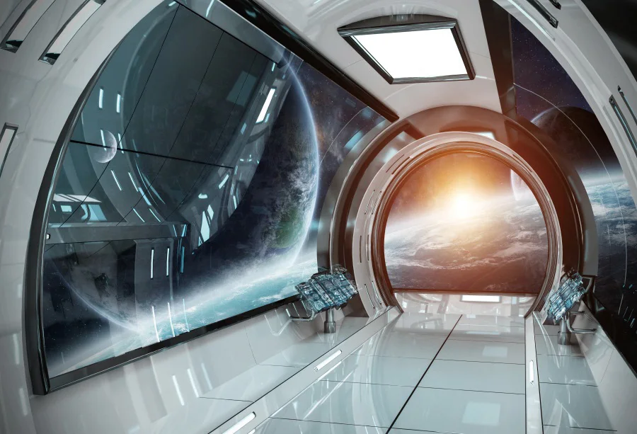 

Laeacco Fantasy Spaceship Interior View Universe Planet Scene Photography Backgrounds Photographic Backdrops For Photo Studio