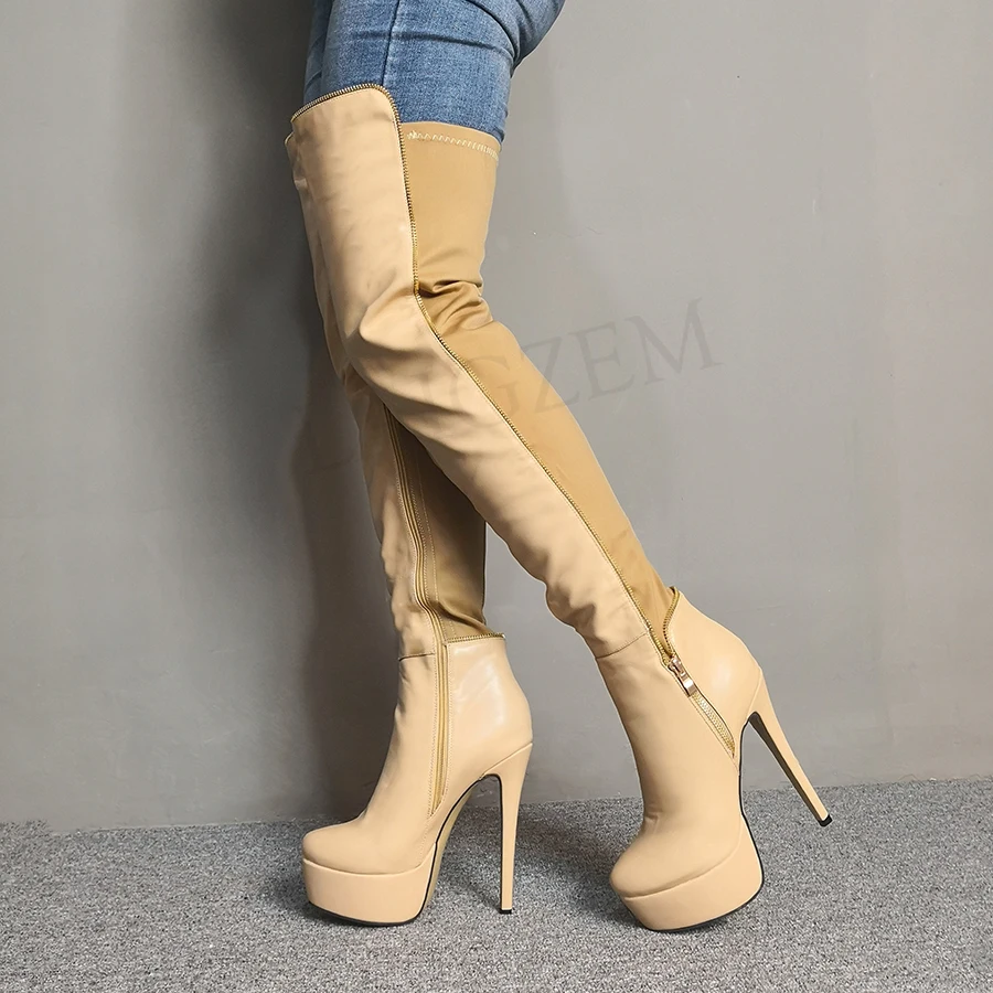 LAIGZEM Botines Mujer Women Thigh High Boots Elastic Wide Calf Platform High Heels Long Tall Party Club Shoes Large Size 34-52 (4)